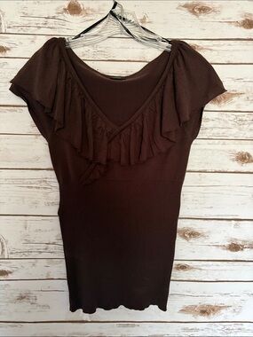 XOXO Brown Ruffle V-Neck Sweater with Self-Tie Waist
